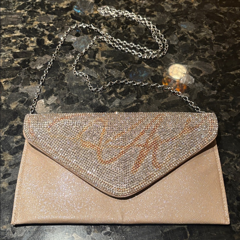 LaRegale Elegant Champagne Beige Rhinestone Clutch with Chain Strap